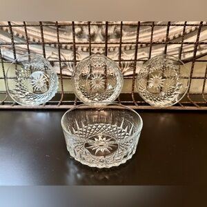 ARCOROC FRANCE, SET OF 4, CLEAR, CUT GLASS BOWLS IN DIAMANT PATTERN.